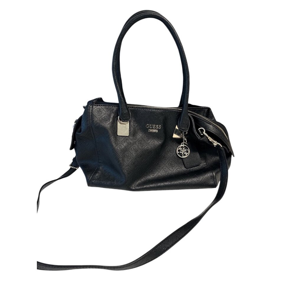 Guess Black Embossed Logo Handbag With Gold Hardware & Adjustable Strap